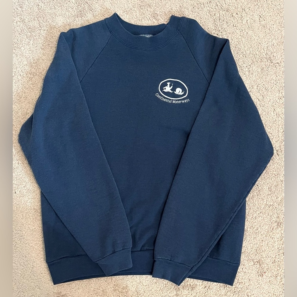 Screen Stars‎ Blue Continental Waterways Logo Sweater Size Large Vintage